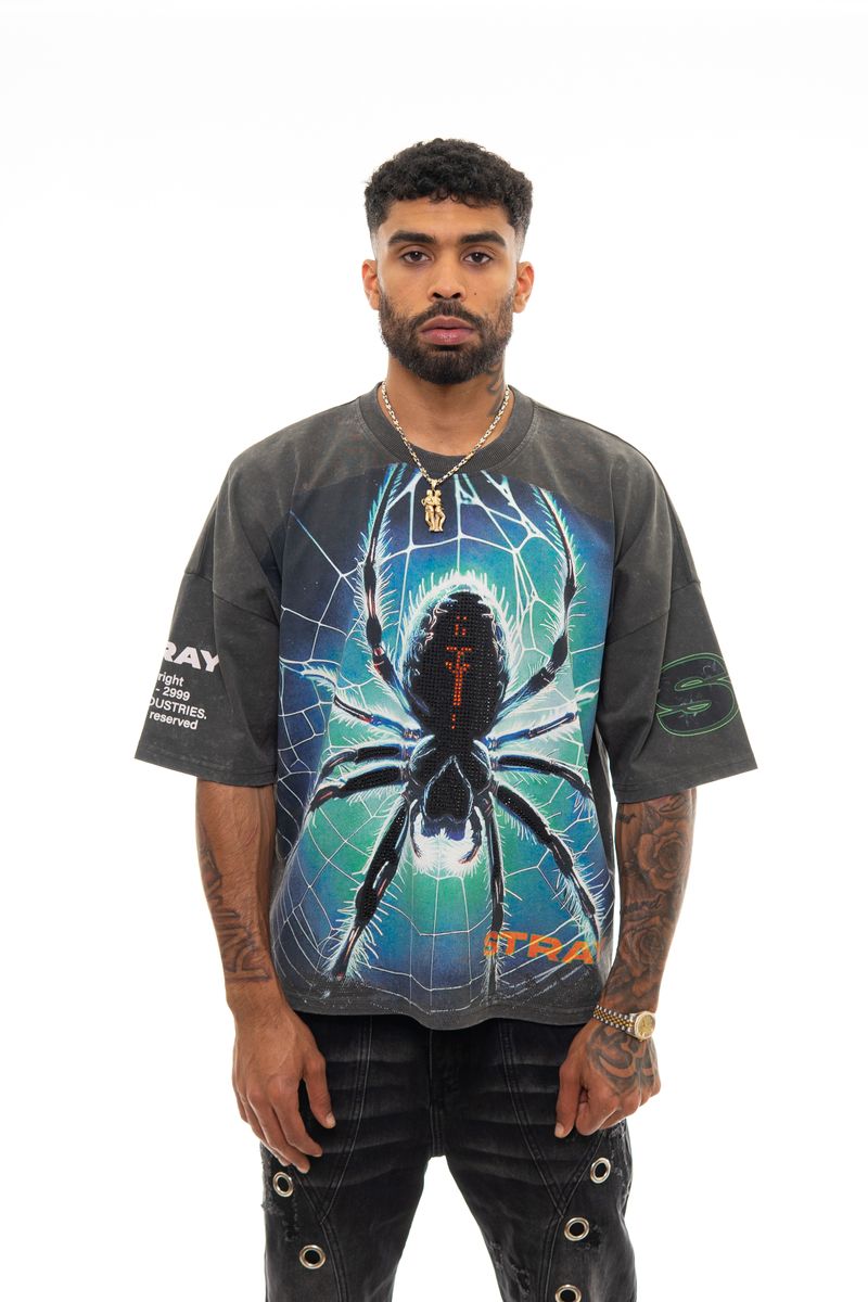 STRAY SPIDER WIDE & CROP CHARCOAL T-SHIRT