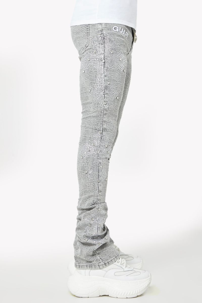 GUAPI Smoke Grey Distressed Cross stacked Denim (Smoke-Grey-Distressed-Cross-Denim)