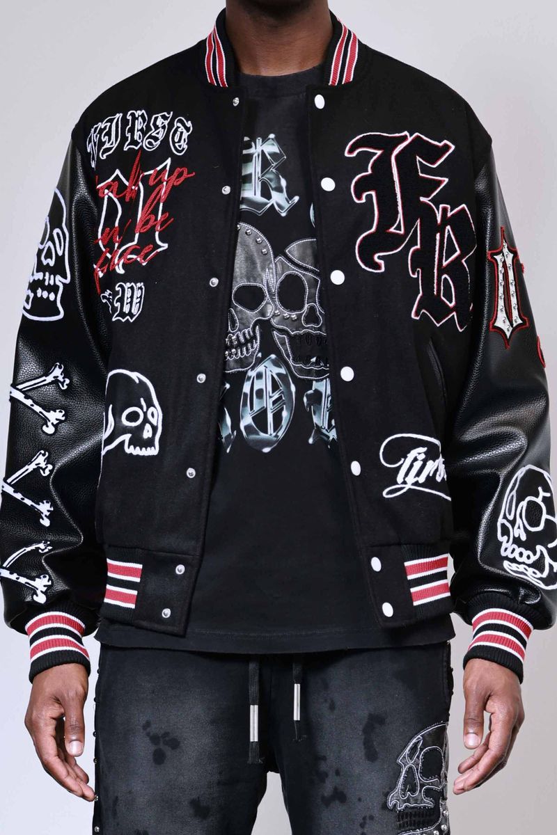 FIRST ROW WAKE UP AND BE FIERCE BLACK VARSITY JACKET