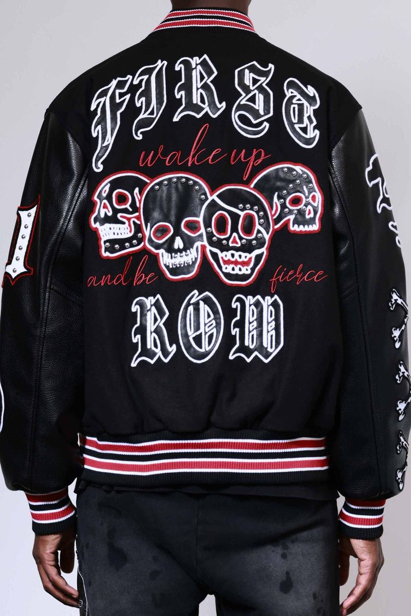 FIRST ROW WAKE UP AND BE FIERCE BLACK VARSITY JACKET