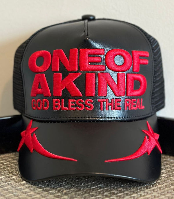 GOLD STAR ONE OF A KIND BLACK AND RED TRUCKER HAT
