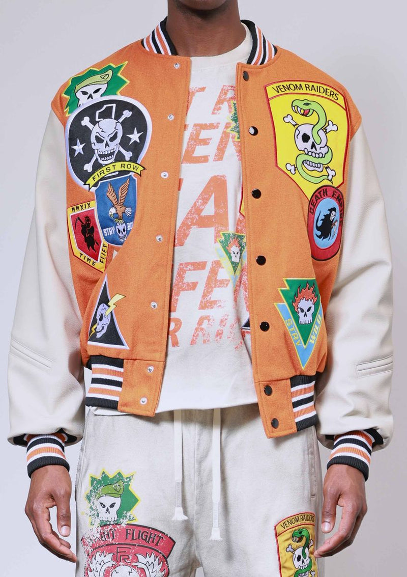 FIRST ROW LOGO ALLOVER VARSITY JACKET