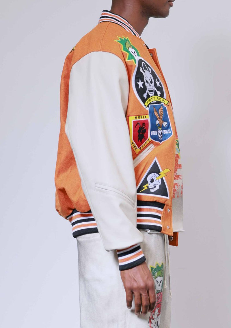 FIRST ROW LOGO ALLOVER VARSITY JACKET