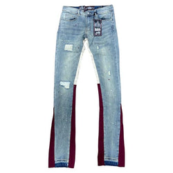 DENIMICITY DARK VINTAGE WASH WITH BURGUNDY/BEIGE TRIM STACKED JEANS