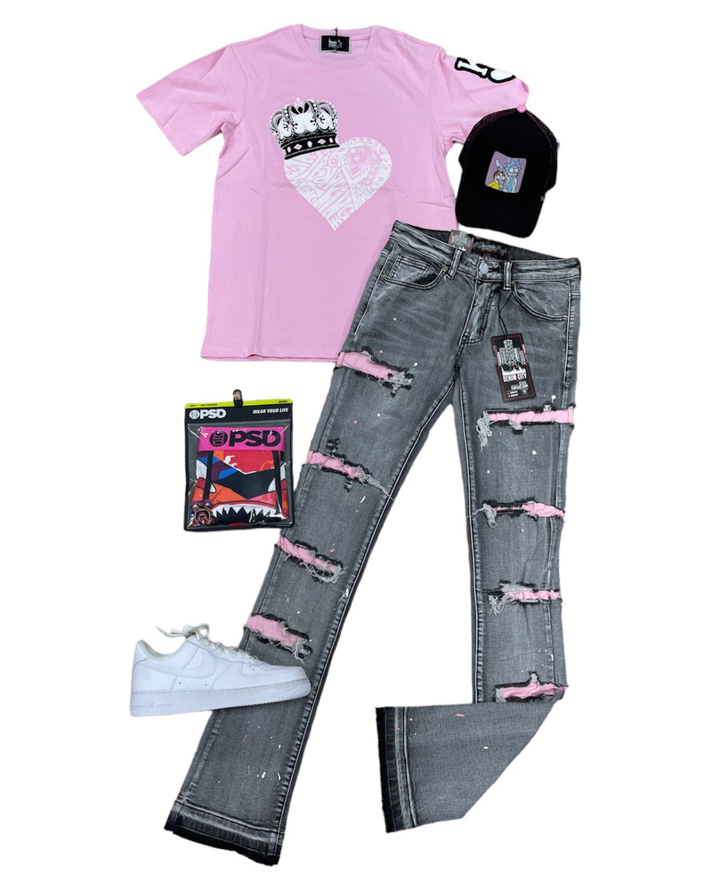 DENIMICITY ZOMBIE PINK RIPPED STACKED JEANS