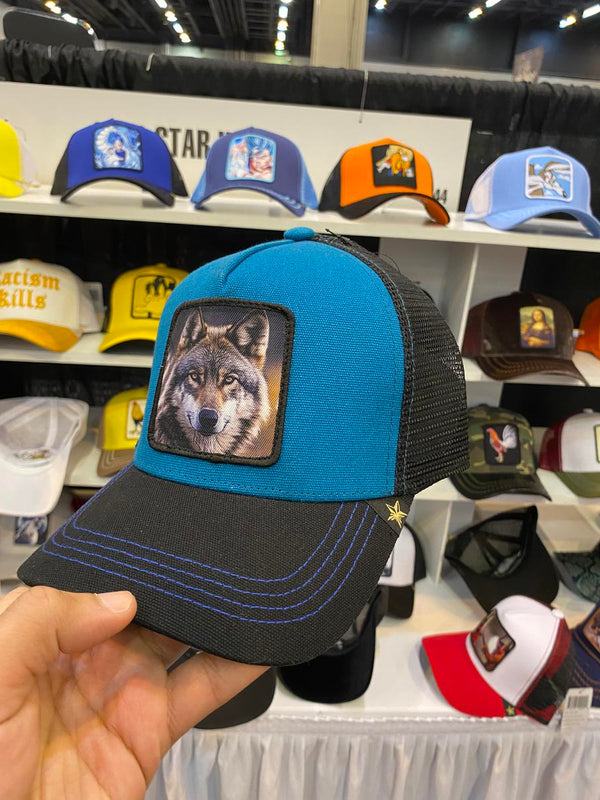 GOLD STAR WOLF TURQUOISE BLUE TRUCKER HAT