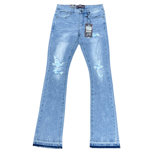 DENIMICITY RIP AND REPAIR LIGHT BLUE WASH WITH BABY BLUE STITCH STACKED JEANS