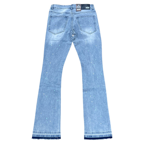 DENIMICITY RIP AND REPAIR LIGHT BLUE WASH WITH BABY BLUE STITCH STACKED JEANS