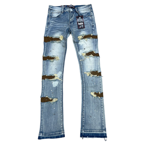 DENIMICITY Z0MBIE BROWN RIPPED BLEACHED VINTAGE WASH STACKED DENIM