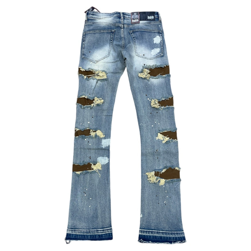 DENIMICITY Z0MBIE BROWN RIPPED BLEACHED VINTAGE WASH STACKED DENIM