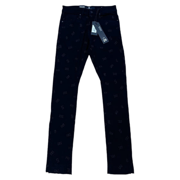 FOCUS HEARTLESS EMBROIDERED SKINNY/STACKED BLACK JEANS