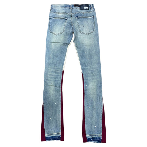 DENIMICITY DARK VINTAGE WASH WITH BURGUNDY/BEIGE TRIM STACKED JEANS