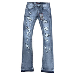 DENIMICITY RIP AND REPAIR GREY WASH WITH BLACK STITCH STACKED JEANS