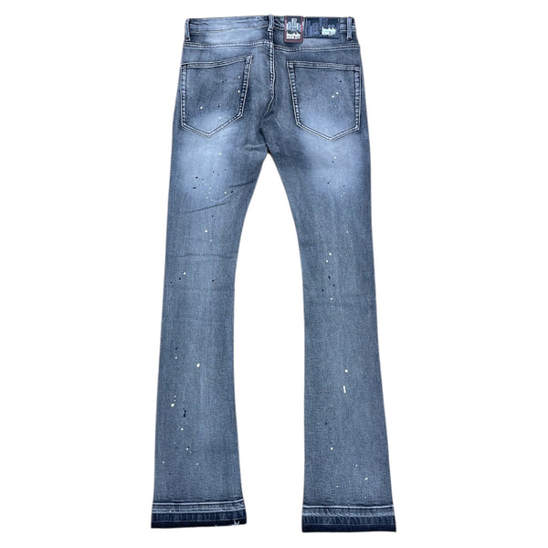 DENIMICITY RIP AND REPAIR GREY WASH WITH BLACK STITCH STACKED JEANS