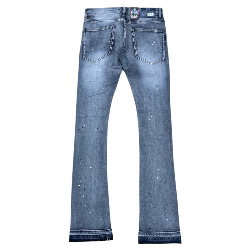 DENIMICITY RIP AND REPAIR GREY WASH WITH BLACK STITCH STACKED JEANS