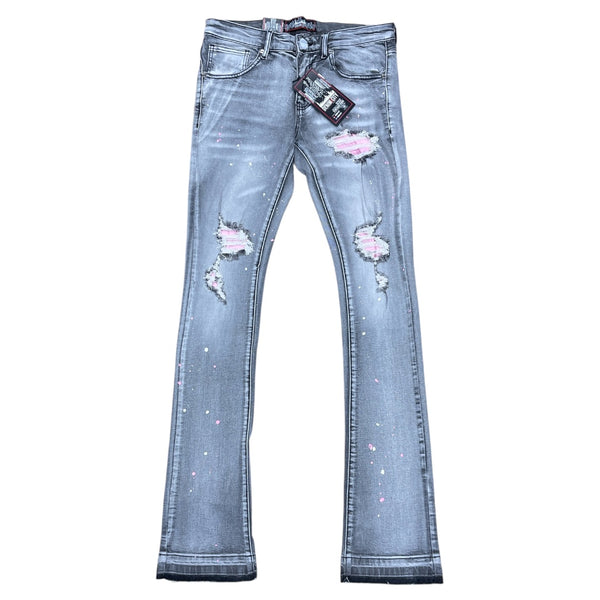 DENIMICITY RIP AND REPAIR GREY WASH WITH PINK STITCH STACKED JEANS