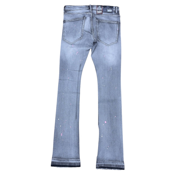 DENIMICITY RIP AND REPAIR GREY WASH WITH PINK STITCH STACKED JEANS