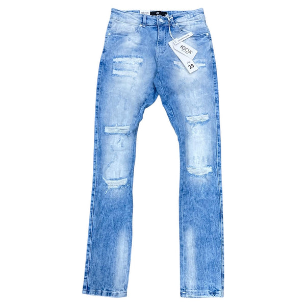 FOCUS RIPED AND REPAIRED EMBRIODERY LIGHT WASH DENIM